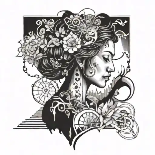 A matriarchal figure surrounded by symbols of resilience and kindness, with a river flowing in the background tattoo design idea