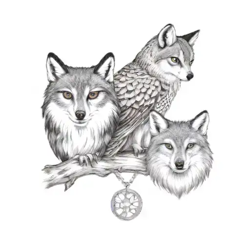 A tattoo design of the bond between a owl, wolf, and fox to represent family and resilience tattoo design idea