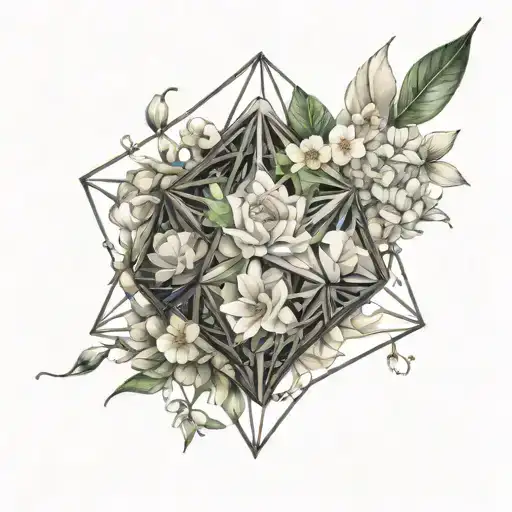 An icosahedron made up of feathers and jasmine flowers, symbolizing curiosity and intellectualism tattoo design idea