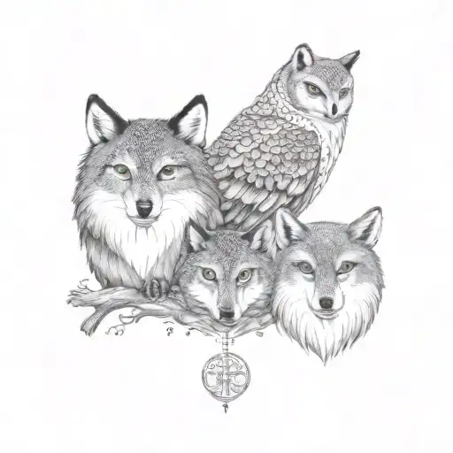 A tattoo design of the bond between a owl, wolf, and fox to represent family and resilience tattoo design idea