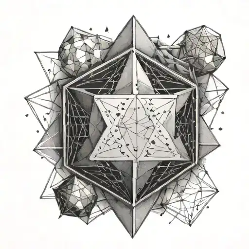 Design a black and grey tattoo featuring an icosahedron intertwined with a simple metal design as a tribute to the client's favorite things tattoo design idea