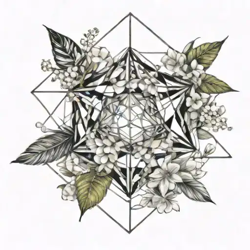 An icosahedron made up of feathers and jasmine flowers, symbolizing curiosity and intellectualism tattoo design idea