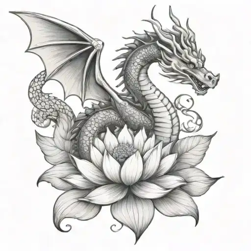 A mindfulness-inspired tattoo with a dragon and a lotus flower, symbolizing inner strength and curiosity tattoo design idea