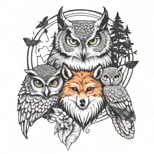 A tattoo design of the bond between a owl, wolf, and fox to represent family and resilience tattoo design idea