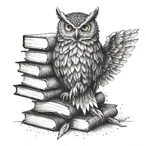 A tattoo of a wise owl erupting from a stack of books, symbolizing intellect and growth tattoo design idea