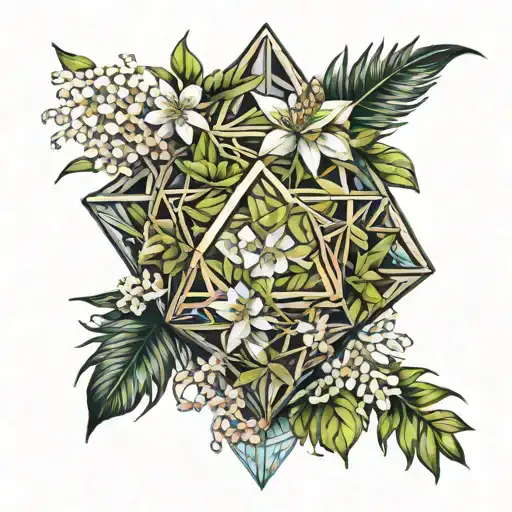 An icosahedron made up of feathers and jasmine flowers, symbolizing curiosity and intellectualism tattoo design idea