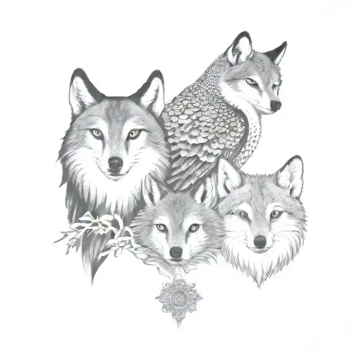 A tattoo design of the bond between a owl, wolf, and fox to represent family and resilience tattoo design idea