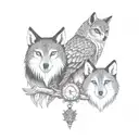 A tattoo design of the bond between a owl, wolf, and fox to represent family and resilience tattoo design idea