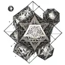 Design a black and grey tattoo featuring an icosahedron intertwined with a simple metal design as a tribute to the client's favorite things tattoo design idea