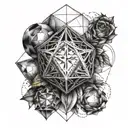 Design a black and grey tattoo featuring an icosahedron intertwined with a simple metal design as a tribute to the client's favorite things tattoo design idea