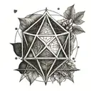 Design a black and grey tattoo featuring an icosahedron intertwined with a simple metal design as a tribute to the client's favorite things tattoo design idea