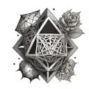 Design a black and grey tattoo featuring an icosahedron intertwined with a simple metal design as a tribute to the client's favorite things tattoo design idea