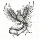 A tattoo representing intellectuality and elegance, combining a book with a phoenix and a brain to symbolize growth tattoo design idea