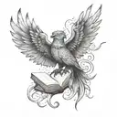 A tattoo representing intellectuality and elegance, combining a book with a phoenix and a brain to symbolize growth tattoo design idea