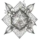 An icosahedron made up of feathers and jasmine flowers, symbolizing curiosity and intellectualism tattoo design idea