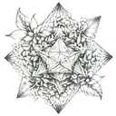 An icosahedron made up of feathers and jasmine flowers, symbolizing curiosity and intellectualism tattoo design idea
