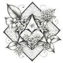 An icosahedron made up of feathers and jasmine flowers, symbolizing curiosity and intellectualism tattoo design idea