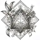 An icosahedron made up of feathers and jasmine flowers, symbolizing curiosity and intellectualism tattoo design idea