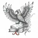 A tattoo representing intellectuality and elegance, combining a book with a phoenix and a brain to symbolize growth tattoo design idea