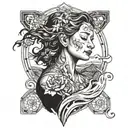 A matriarchal figure surrounded by symbols of resilience and kindness, with a river flowing in the background tattoo design idea