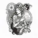 A matriarchal figure surrounded by symbols of resilience and kindness, with a river flowing in the background tattoo design idea