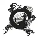 A defiant figure standing strong against a backdrop of swirling rivers and lush foliage, representing defiance and socialism tattoo design idea
