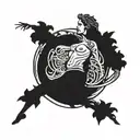 A defiant figure standing strong against a backdrop of swirling rivers and lush foliage, representing defiance and socialism tattoo design idea