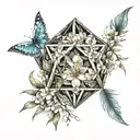 An icosahedron made up of feathers and jasmine flowers, symbolizing curiosity and intellectualism tattoo design idea