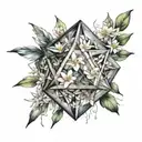 An icosahedron made up of feathers and jasmine flowers, symbolizing curiosity and intellectualism tattoo design idea