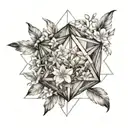 An icosahedron made up of feathers and jasmine flowers, symbolizing curiosity and intellectualism tattoo design idea