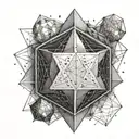 Design a black and grey tattoo featuring an icosahedron intertwined with a simple metal design as a tribute to the client's favorite things tattoo design idea
