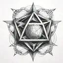 Design a black and grey tattoo featuring an icosahedron intertwined with a simple metal design as a tribute to the client's favorite things tattoo design idea
