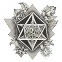 Design a black and grey tattoo featuring an icosahedron intertwined with a simple metal design as a tribute to the client's favorite things tattoo design idea