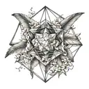 An icosahedron made up of feathers and jasmine flowers, symbolizing curiosity and intellectualism tattoo design idea