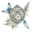 An icosahedron made up of feathers and jasmine flowers, symbolizing curiosity and intellectualism tattoo design idea