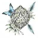 An icosahedron made up of feathers and jasmine flowers, symbolizing curiosity and intellectualism tattoo design idea