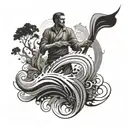A defiant figure standing strong against a backdrop of swirling rivers and lush foliage, representing defiance and socialism tattoo design idea