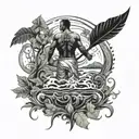 A defiant figure standing strong against a backdrop of swirling rivers and lush foliage, representing defiance and socialism tattoo design idea
