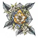 An icosahedron made up of feathers and jasmine flowers, symbolizing curiosity and intellectualism tattoo design idea