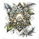 An icosahedron made up of feathers and jasmine flowers, symbolizing curiosity and intellectualism tattoo design idea