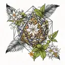 An icosahedron made up of feathers and jasmine flowers, symbolizing curiosity and intellectualism tattoo design idea