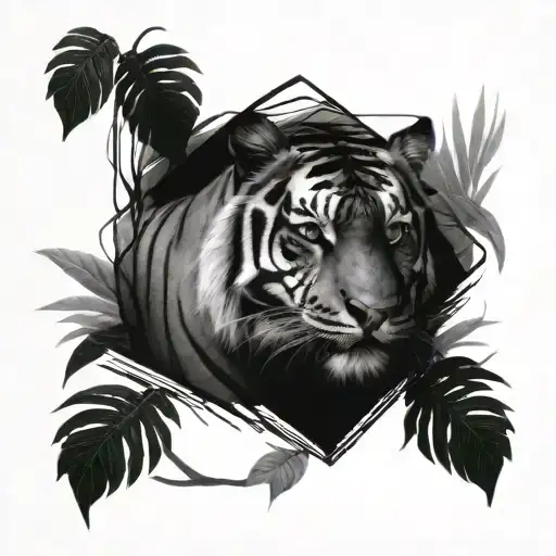 tiger emerging from jungle forest with trees tattoo design idea