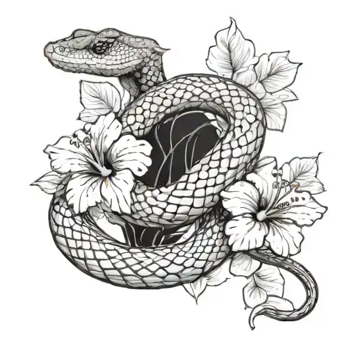 A snake intertwined with a hibiscus flower, symbolizing the balance between beauty and danger tattoo design idea