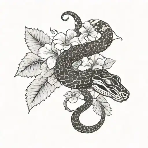 A snake coiled around a bouquet of hibiscus flowers, blending the client's love for both creatures into a unique and striking design tattoo design idea