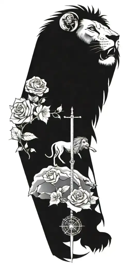 rose, death, lion, Greek, sword, medieval, compass, Yggdrasil  tattoo design idea
