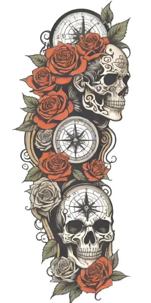 roses, Japanese death mask, compass, mythology tattoo tattoo design idea