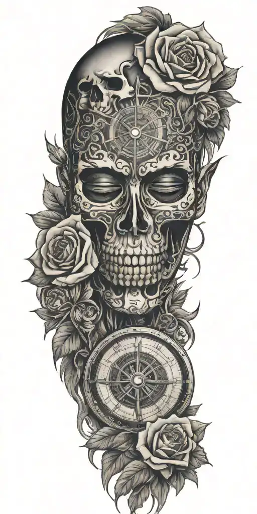 roses, Japanese death mask, compass, mythology tattoo tattoo design idea
