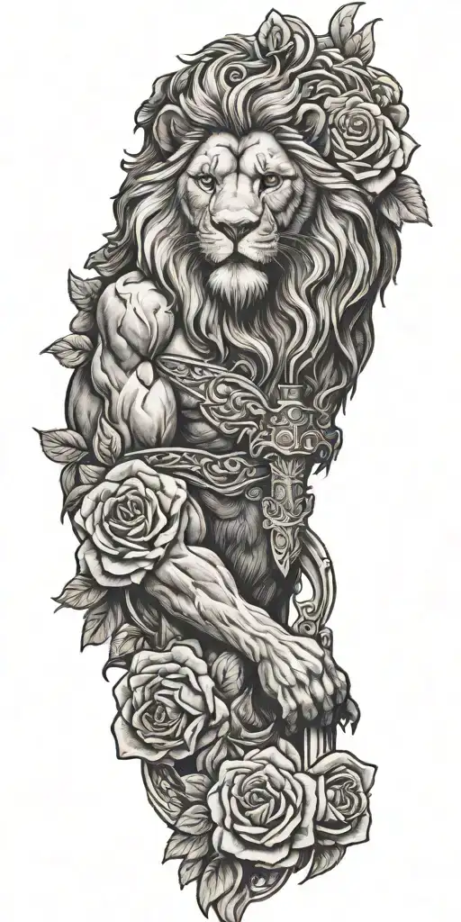 lion with roses and Zeus wielding his sword amidst tattoo design idea