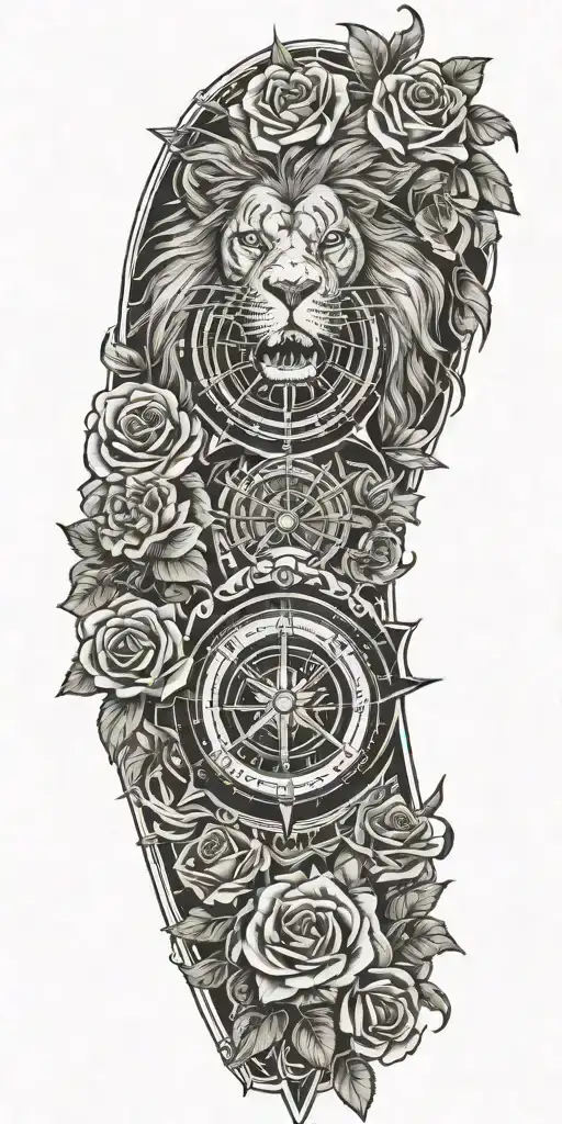 roses, lion, mythology symbols, compass, swords tattoo design idea