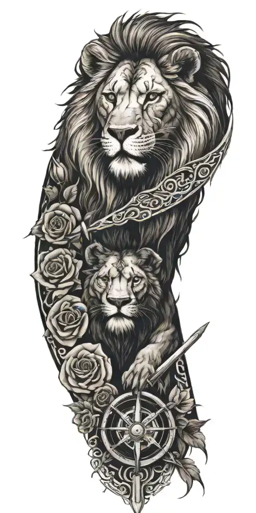 rose, death, lion, Greek, sword, medieval, compass, Yggdrasil, tribal tattoo design idea